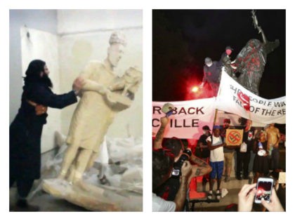 Collage of ISIS's destruction of Mosul statue and Antifa's destruction of Peace Monument in Atlanta.