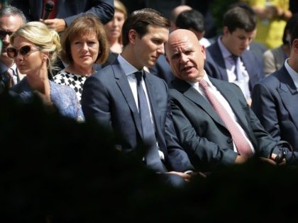 President Donald Trump's daughter Ivanka Trump, Senior Advisor to the President and son-in-law Jared Kushner, National Security Advisor H.R. McMaster and Treasury Secretary Steven Mnuchin wait for the start of a news conference with Trump and Lebanese Prime Minister Saad Hariri in the Rose Garden at the White House July …