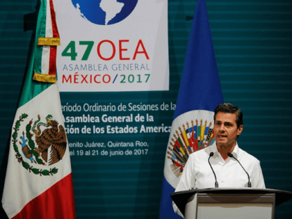 Mexico's President Enrique Pena Nieto speaks during the opening of the 2017 General Assembly of the Organization of the American States in Cancun, Mexico, on June 19, 2017.