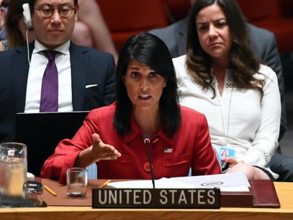 US Ambassador to the United Nations Nikki Haley speaks during a Security Council meeting on North Korea at the UN headquarters in New York on July 5, 2017. The United States will present to the UN Security Council a new draft resolution imposing sanctions on North Korea after it launched …