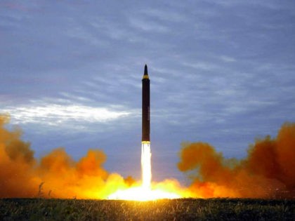 This picture from North Korea's official Korean Central News Agency (KCNA) taken on August 29, 2017 and released on August 30, 2017 shows North Korea's intermediate-range strategic ballistic rocket Hwasong-12 lifting off from the launching pad at an undisclosed location near Pyongyang. Nuclear-armed North Korea said on August 30 that …