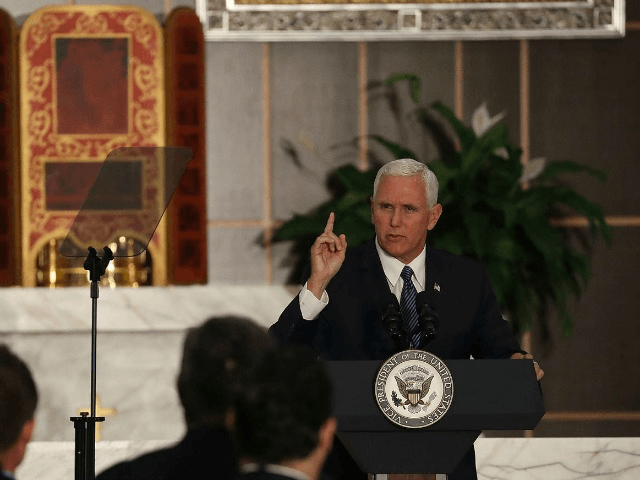 DORAL, FL - AUGUST 23: Vice President Mike Pence speaks about the ongoing crisis in Venezuela at Our Lady of Guadalupe Catholic Church on August 23, 2017 in Doral, Florida. Vice President Pence also met with members of the Venezuelan exile community to discuss the political crisis in the South …