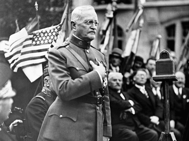 General John J Pershing makes a speech during the ceremony of planting an oak tree named after him to celebrate his 75th birthday and the 17th anniversary of the battle of St Mihiel, France on September 15, 1935. (AP Photo)