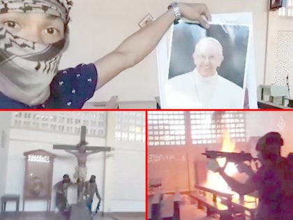 Images from an Islamic State propaganda video showing Islamic terrorists destroying a Christian church and a crucifix while pointing to pictures of Pope Francis.