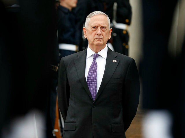 Defense Secretary Jim Mattis stands as he waits for Netherlands Minister of Defense Jeanin