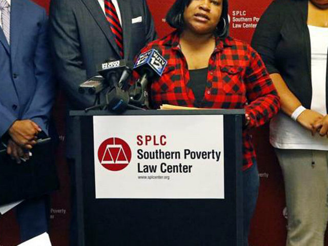 Dorothy Haymer of Yazoo City, at podium, Indigo Williams, left and Precious Hughes, right. both of Jackson, explains the reasons as African-American mothers of children in public elementary schools, they are plaintiffs in a Mississippi education lawsuit filed on her behalf, by the Southern Poverty Law Center, SPLC, Tuesday, May …