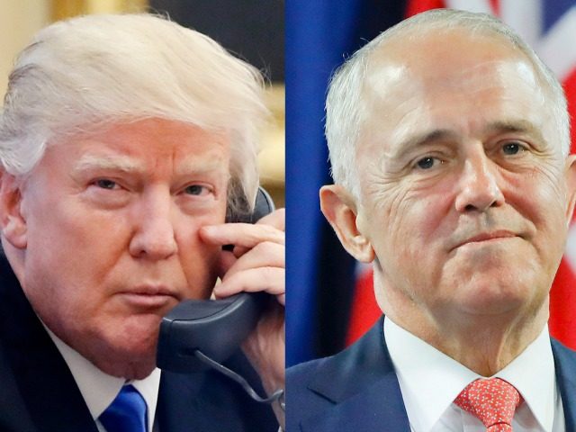 This combination of file photos shows, from left to right: U.S. President Donald Trump on Jan. 28, 2017, and Australian Prime Minister Malcolm Turnbull on Nov. 20, 2016. Turnbull made fun of both Trump and the Australian government's dismal opinion polls during a lighthearted speech on Wednesday night at an …