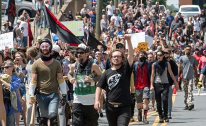 Protesters march in Charlottesville, Virginia on August 12, 2017