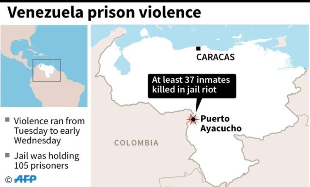 Map showing Puerto Ayucucho in Venezuela where 37 inmates have been killed in a prison rio