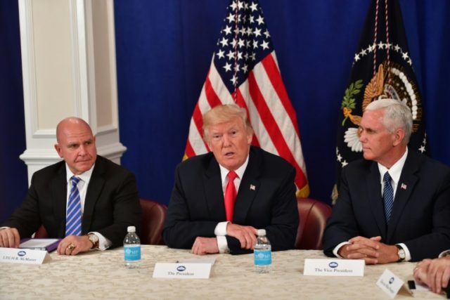 US National Security Advisor H.R. McMaster, President Donald Trump and Vice President Mike Pence (L to R) are among those attending Friday's talks at Camp David