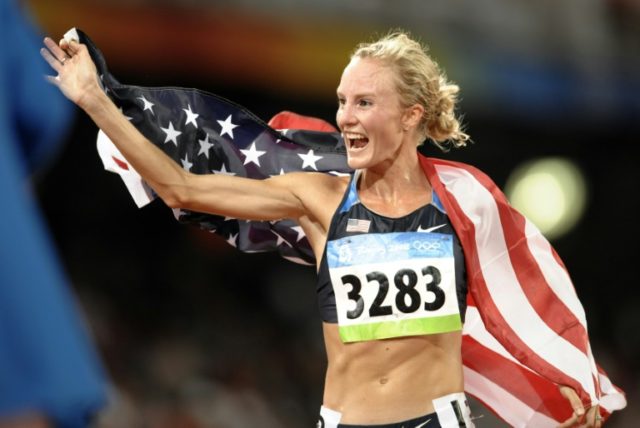 Shalane Flanagan of the US celebrates after the women's 10,000m race at the 2008 Beijing O