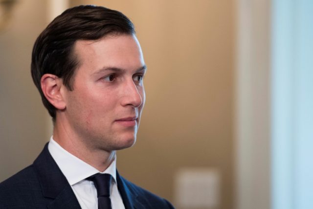 File picture taken on August 11, 2017 shows White House adviser Jared Kushner listening as US President Donald Trump speaks to the press on at his Bedminster National Golf Club in New Jersey
