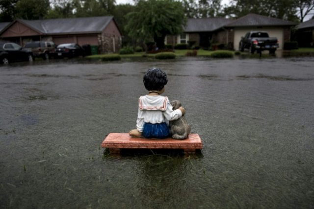 A lawn ornament is seen on a flooded street during the aftermath of Hurricane Harvey in Ho