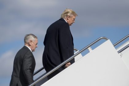 US President Donald Trump and Secretary of Defense James Mattis (L) board Air Force One prior to departing from Andrews Air Force Base in Maryland, March 2, 2017