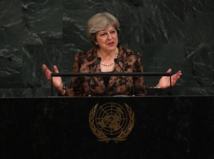 British Prime Minister Theresa May addresses the 72nd UN General Assembly on September 20, 2017, at the United Nations in New York. / AFP PHOTO / TIMOTHY A. CLARY (Photo credit should read TIMOTHY A. CLARY/AFP/Getty Images)