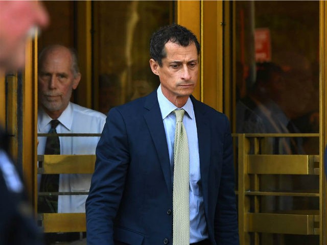 Anthony Weiner, a former Democratic congressman, leaves Federal Court in New York on Monday after being sentenced for 21-months for sexting with a 15-year-old girl. Timothy A. Clary / AFP - Getty Images