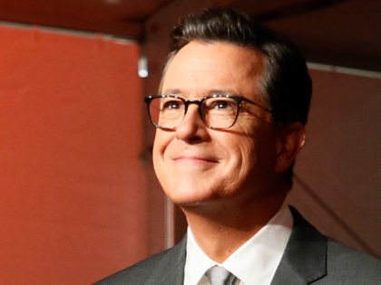 IMAGE DISTRIBUTED FOR THE TELEVISION ACADEMY - From left to right, host Stephen Colbert, executive vice president, specials, music and live events, CBS Entertainment Jack Sussman and Television Academy chairman and CEO Hayma Washington smile after rolling out red carpet during the 69th Primetime Emmy Red Carpet Rollout at the …