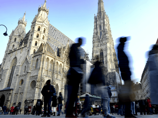 VIENNA, AUSTRIA - DECEMBER 05: Tourists walk by Domkirche St. Stephan on December 5, 2016 in Vienna, Austria. The town of Vienna is the federal capital of Austria as well as one of the nine federal states, the city has a population of 2.6 million citizens. (Photo by Alexander Koerner/Getty …