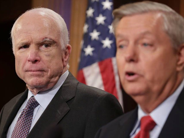 Sen. John McCain (R-AZ) (L) and Sen. Lindsey Graham (R-SC) hold a news conference to say they would not support a 'Skinny Repeal' of health care at the U.S. Capitol July 27, 2017 in Washington, DC. The Republican senators said they would not support any legislation to repeal and replace …