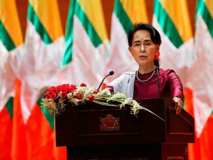 Myanmar's State Counsellor Aung San Suu Kyi delivers a national address in Naypyidaw on September 19, 2017. Aung San Suu Kyi said on September 19 she 'feels deeply' for the suffering of 'all people' caught up in conflict scorching through Rakhine state, her first comments on a crisis that also …