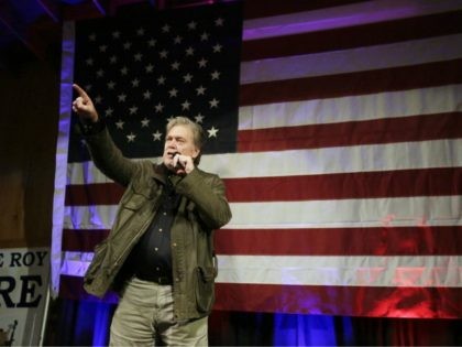 Former White House strategist Steve Bannon speaks at a rally for U.S. Senate hopeful Roy M