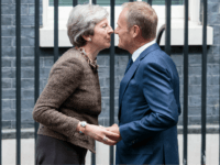 Theresa Appeaser 1 LONDON, ENGLAND - SEPTEMBER 26: British Prime Minister Theresa May greets President of the European Council, Donald Tusk in Downing Street on September 26, 2017 in London, England. Theresa May welcomed the President of the European Council, Donald Tusk, to Downing Street today to hold talks in parallel with the …