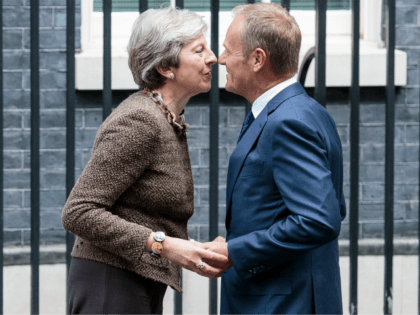 LONDON, ENGLAND - SEPTEMBER 26: British Prime Minister Theresa May greets President of the