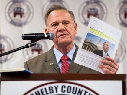 UNITED STATES - AUGUST 4: GOP candidate for U.S. Senate Roy Moore, holding an article abou