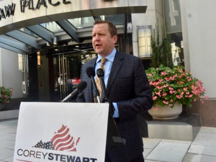 Corey Stewart, GOP Senate candidate from Virginia, held a press conference on Wednesday in front of the National Football League Players Association in Washington, DC, to call for Congress to repeal the law that gives the league protection from federal anti-trust laws. (Penny Starr/Breitbart News)