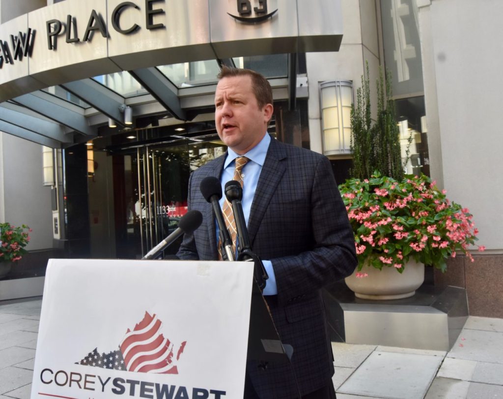 Corey Stewart, GOP Senate Candidate from Virginia, held a press conference on Wednesday in front of the National Football League Players Association in Washington, DC to call for Congress to repeal the law that gives the league protection from federal anti-trust laws.(Penny Starr/Breitbart News)