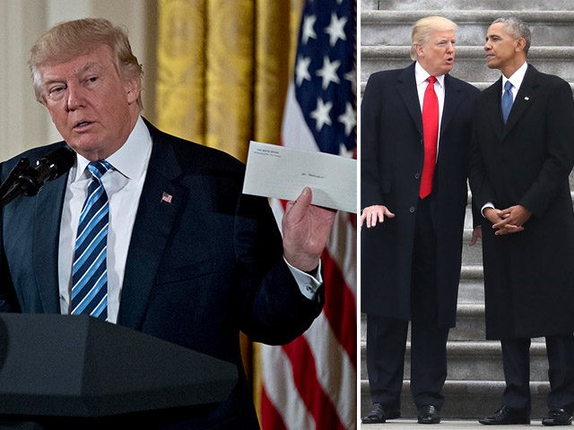 Donald Trump holding up the letter he received from former president Barack Obama on the d