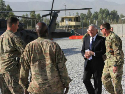 US Defense Secretary Jim Mattis arrives at Forward Operating Base Gamberi east of Kabul, Afghanistan, on an unannounced visit to the war-torn country on September 27, 2017. US Defense Secretary Jim Mattis and NATO chief Jens Stoltenberg renewed their commitment to Afghanistan on September 27, 2017, as insurgents fired rockets …
