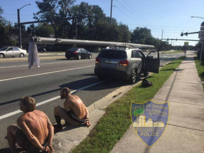 Police in Jacksonville, Florida, arrested Victor Walter Apeler, 46, and Blake Lee Waller, 42, for allegedly attempting to steal a utility pole used for a traffic light after Hurricane Irma.