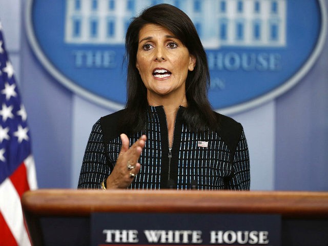 U.S. Ambassador to the United Nations Nikki Haley speaks during a news briefing at the White House, in Washington, Friday, Sept. 15, 2017. (AP Photo/Carolyn Kaster)