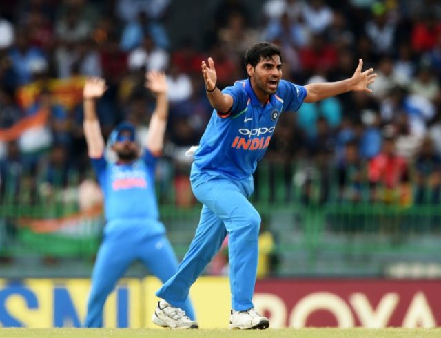 Indian bowler Bhuvneshwar Kumar appeals for an LBW decision against Sri Lankan captain Upu