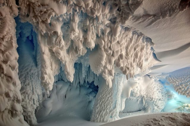 Steam from active volcanoes has hollowed out extensive cave systems under the Antarctic ic