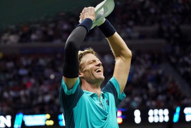 South Africa's Kevin Anderson celebrates after defeating Spain's Pablo Carreno Busta durin