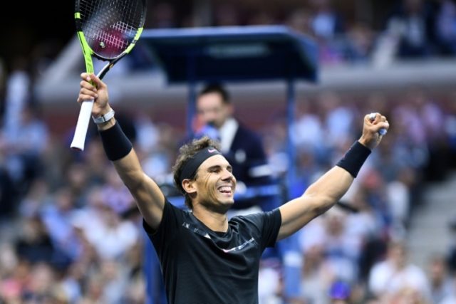 Spain's Rafael Nadal celebrates after defeating South Africa's Kevin Anderson to win the U
