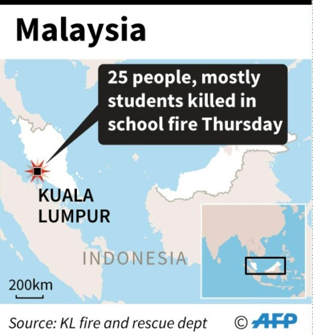 Map of Malaysia showing Kuala Lumpur where 25 people, mostly students, were killed in a sc