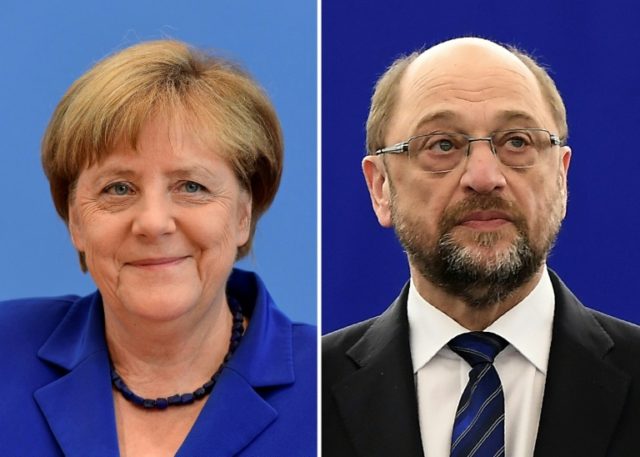 The latest poll shows German Chancellor Angela Merkel's (L) CDU/CSU party has a lead of 36