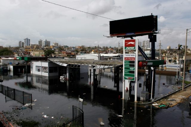 A flooded gas station in San Juan, Puerto Rico, following Hurricane Maria