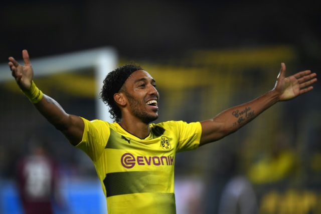 Dortmund's striker Pierre-Emerick Aubameyang celebrates scoring during the German First di