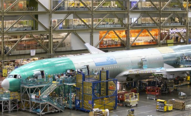 A Boeing 777 in KLM livery on the assembly line at the Boeing plant in Everett, Washington