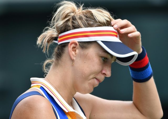 Anastasia Pavlyuchenkova of Russia reacts after losing a point against Caroline Wozniacki