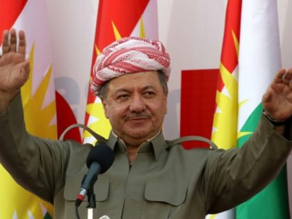 Iraqi Kurdish leader Massud Barzani delivers a speech during a rally in Arbil, the capital