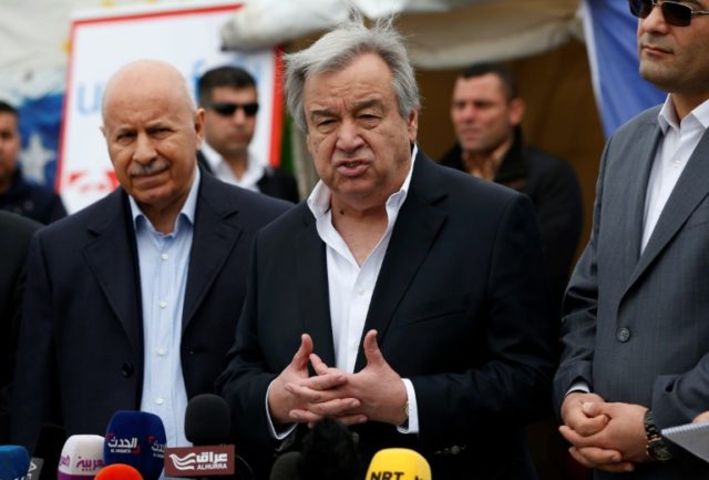 UN Secretary-General Antonio Guterres, seen here giving a March 2017 speech at a camp near