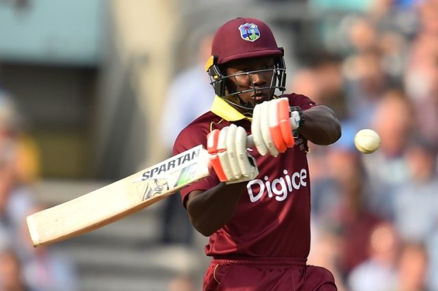 West Indies' Rovman Powell plays a shot during the fourth one-day international against En