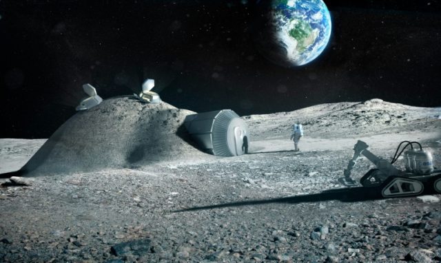 A handout artist impression released by the European Space Agency showing a lunar base mad
