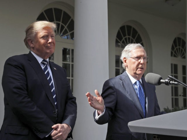 President Donald Trump, left, smiles as Senate Majority Leader Mitch McConnell of Ky., speaks during a media availability in the Rose Garden after their meeting at the White House, Monday, Oct. 16, 2017, in Washington. (AP Photo/Alex Brandon)