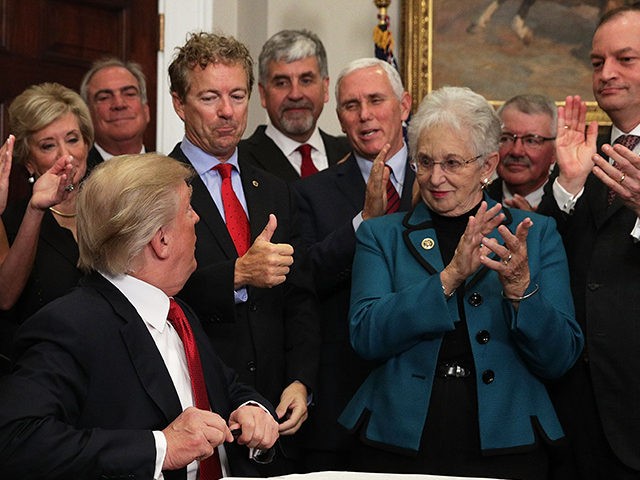 WASHINGTON, DC - OCTOBER 12: U.S. Sen. Rand Paul (R-KY) shows a thumbs up to President Donald Trump during an executive order signing as Vice President Mike Pence, Rep. Virginia Foxx (R-NC) and Secretary of Labor Alexander Acosta look on during an event in the Roosevelt Room of the White …